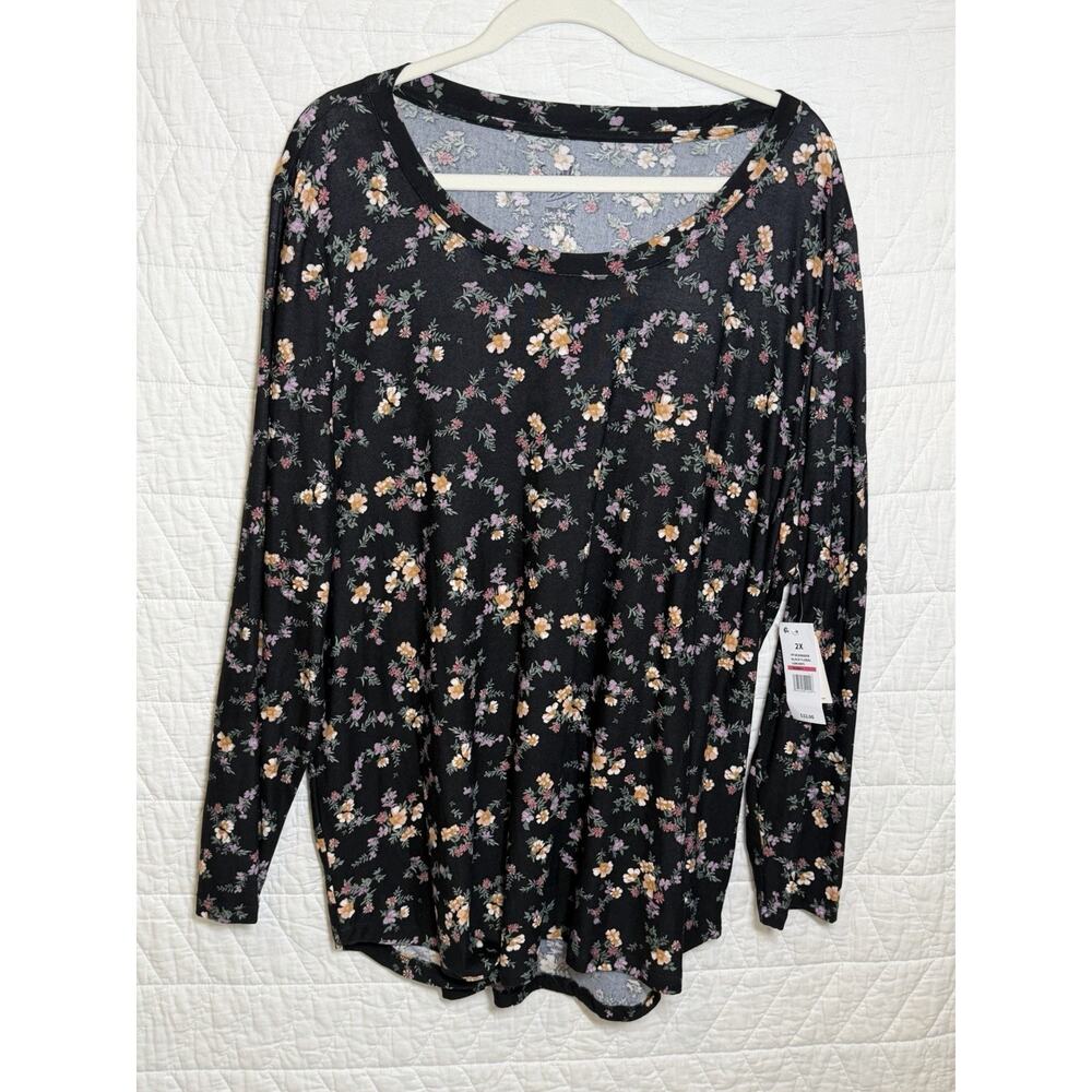 Sweet Tea Women Plus 2X Top black floral Long Sleeve Pullover Stretch Shirt NWT